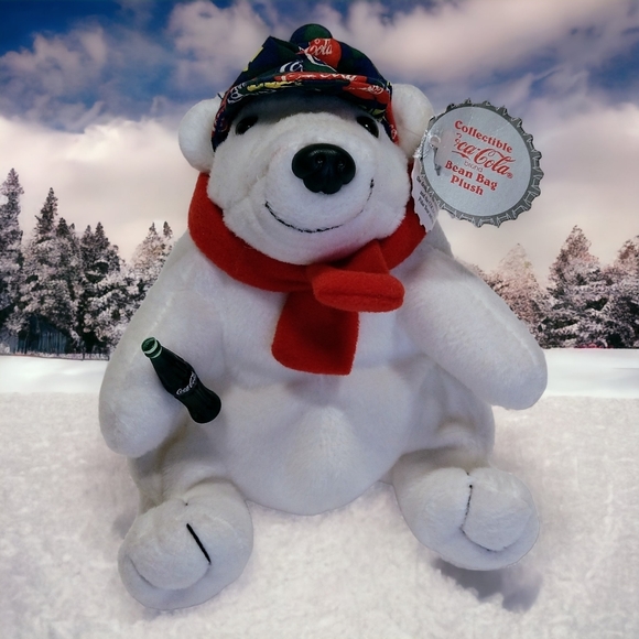 1998 Collectible Coca Cola Bean Bag Plush Polar Bear Checker Cap & Scarf 6". - Picture 14 of 14